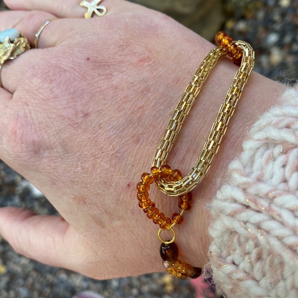 Handmade Stretchy Bracelet w Glass Crystal Metal Beads & Upcycled Metal & Glass
